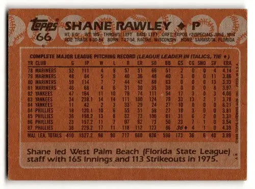 Original gloss on Shane Rawley Philadelphia Phillies baseball card back from 1988 Topps