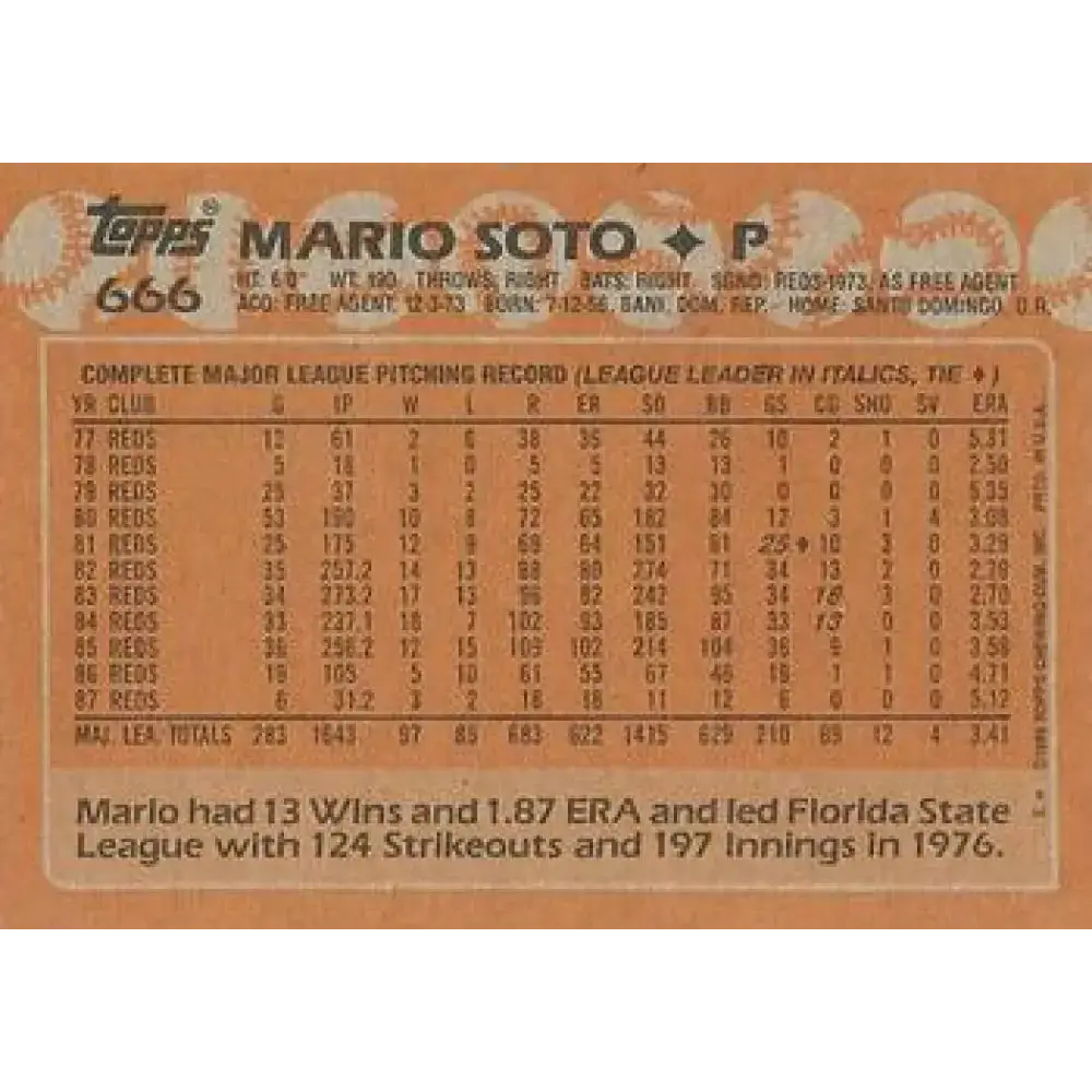 1988 Topps #666 Mario Soto NM-MT Cincinnati Reds Baseball Card - Baseball Card Single