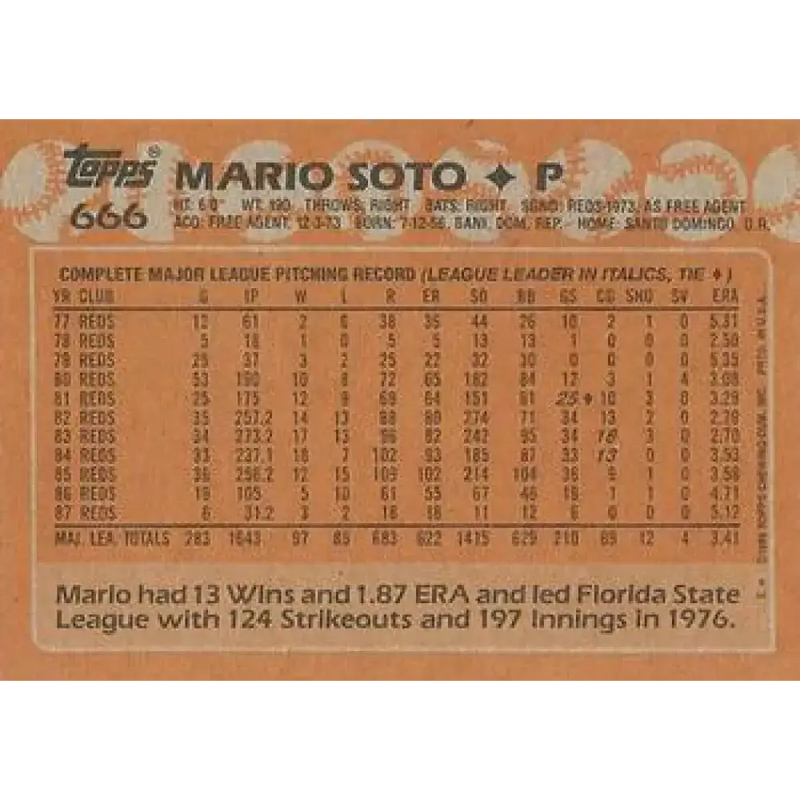 1988 Topps #666 Mario Soto NM-MT Cincinnati Reds Baseball Card - Baseball Card Single