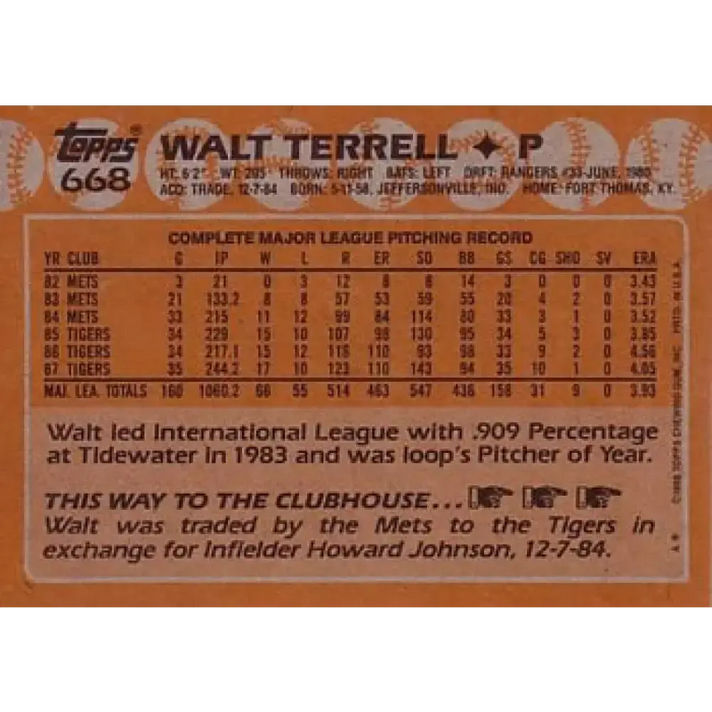 1988 Topps #668 Walt Terrell NM-MT Detroit Tigers Baseball Card - Baseball Card Single