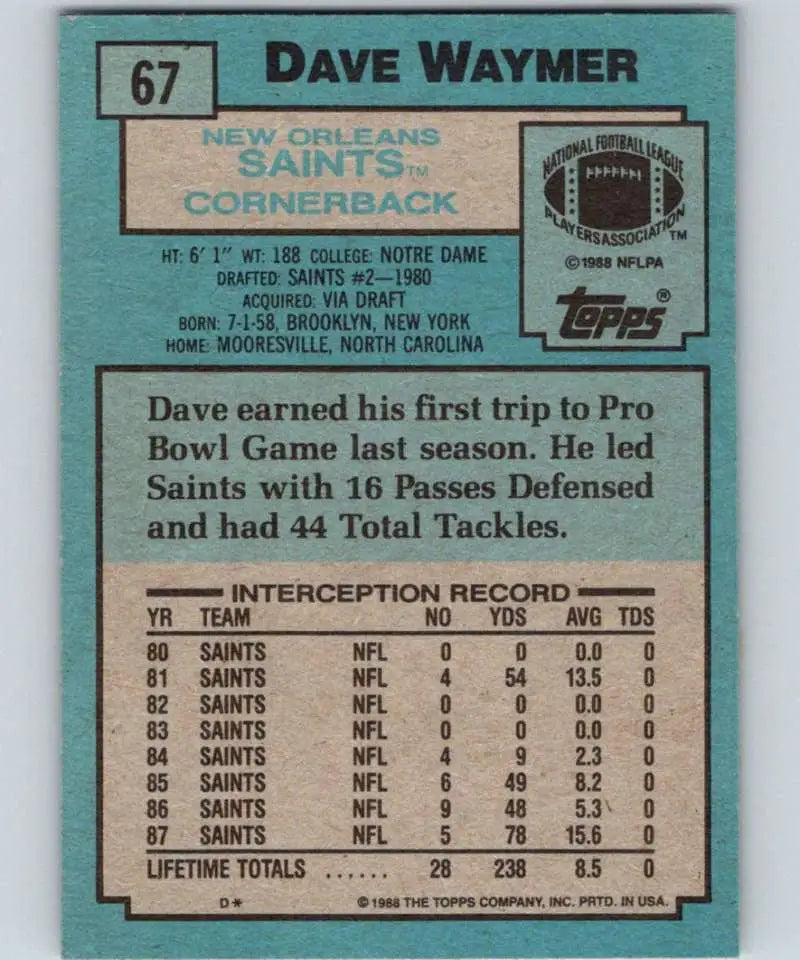 1988 Topps #67 Dave Waymer EX Excellent New Orleans Saints Football Card - Football Card Single