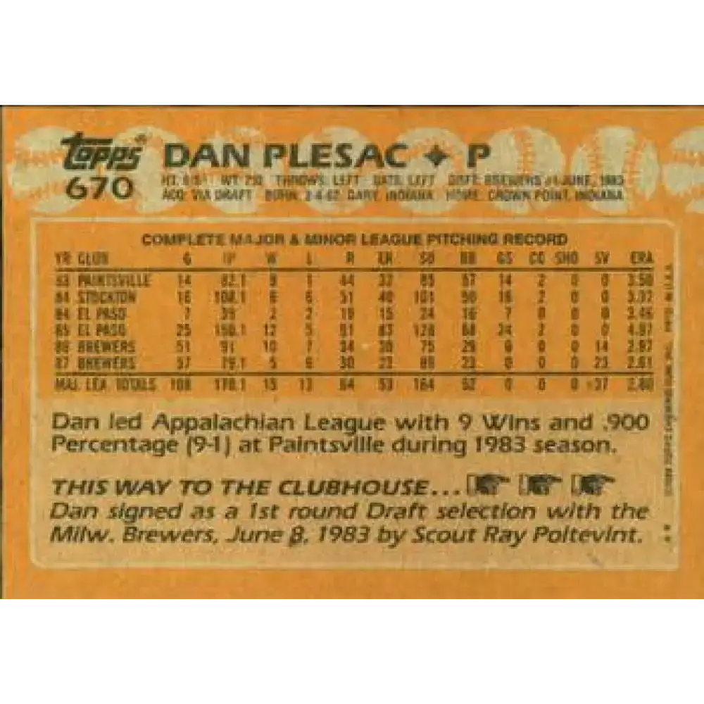 1988 Topps #670 Dan Plesac NM-MT Milwaukee Brewers Baseball Card - Baseball Card Single