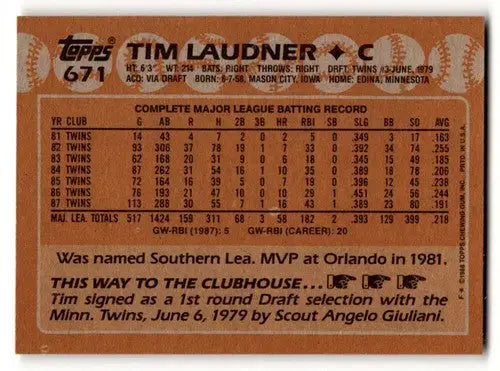 Original gloss Tim Laudner Minnesota baseball card from 1988 Topps #671 Laudner Minnesota Twins