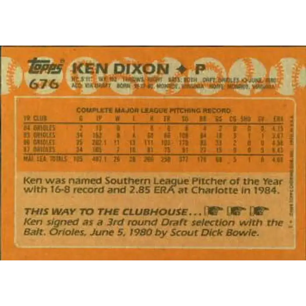 1988 Topps #676 Ken Dixon NM-MT Baltimore Orioles Baseball Card - Baseball Card Single