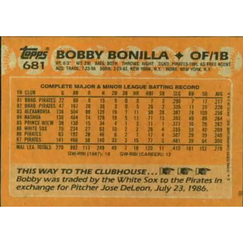 1988 Topps #681 Bobby Bonilla NM-MT Pittsburgh Pirates Baseball Card - Baseball Card Single