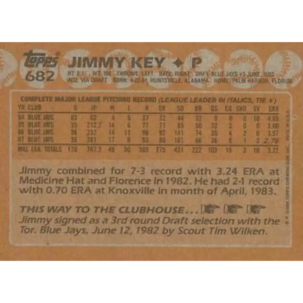 1988 Topps #682 Jimmy Key NM-MT Toronto Blue Jays Baseball Card - Baseball Card Single