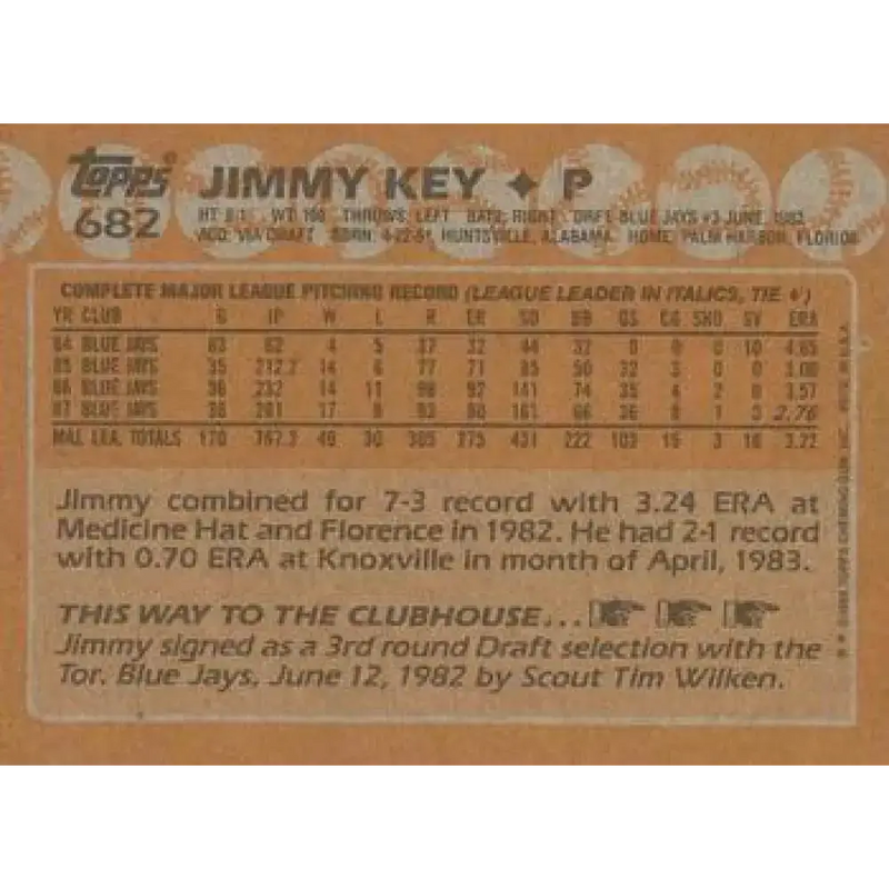1988 Topps #682 Jimmy Key NM-MT Toronto Blue Jays Baseball Card - Baseball Card Single