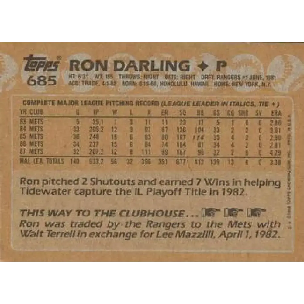 1988 Topps #685 Ron Darling NM-MT New York Mets Baseball Card - Baseball Card Single
