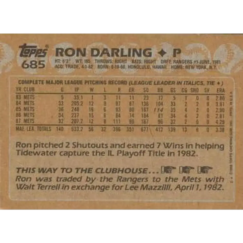 1988 Topps #685 Ron Darling NM-MT New York Mets Baseball Card - Baseball Card Single