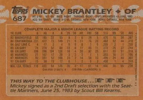1988 Topps #687 Mickey Brantley NM-MT Mariners - Baseball Card Single