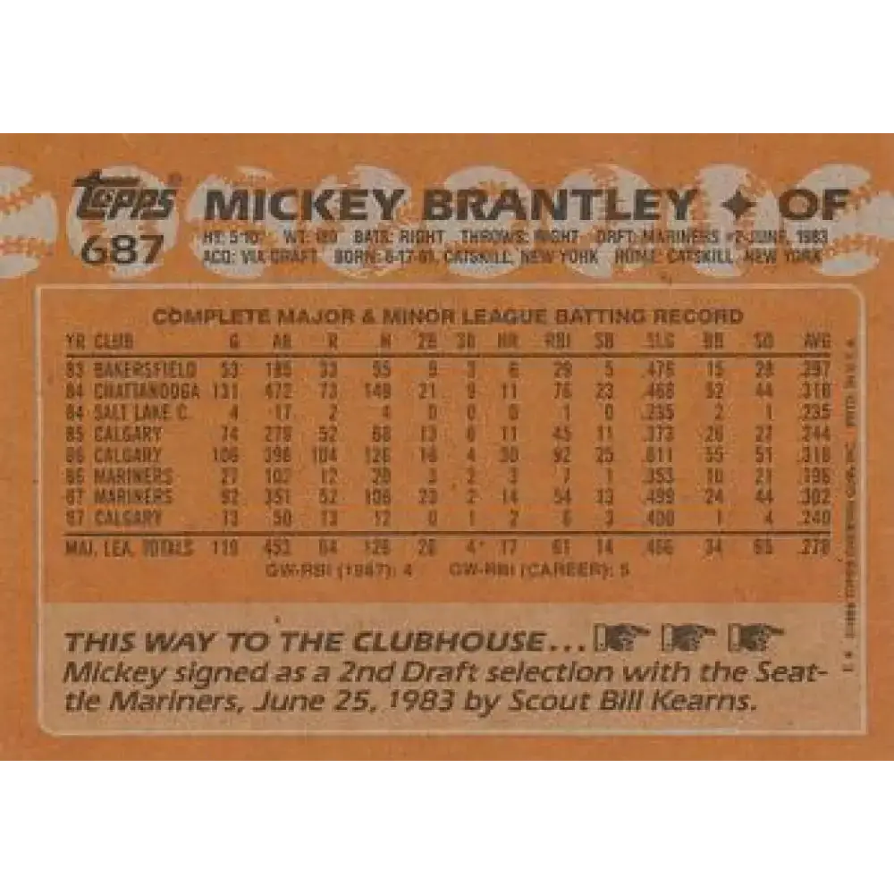 1988 Topps #687 Mickey Brantley NM-MT Seattle Mariners Baseball Card - Baseball Card Single