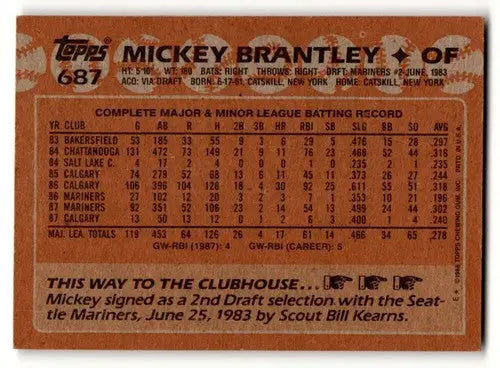 1988 Topps #687 Mickey Brantley Seattle Mariners Baseball Cards NM N ID:61352 - Baseball Card Single