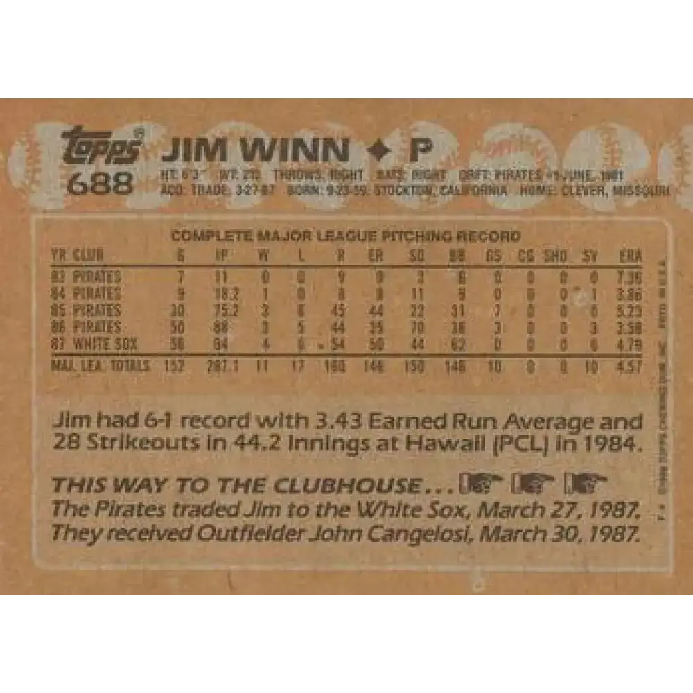 1988 Topps #688 Jim Winn NM-MT Chicago White Sox Baseball Card - Baseball Card Single