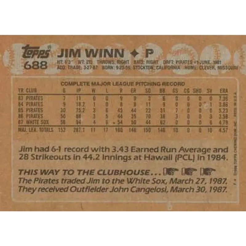 1988 Topps #688 Jim Winn NM-MT Chicago White Sox Baseball Card - Baseball Card Single