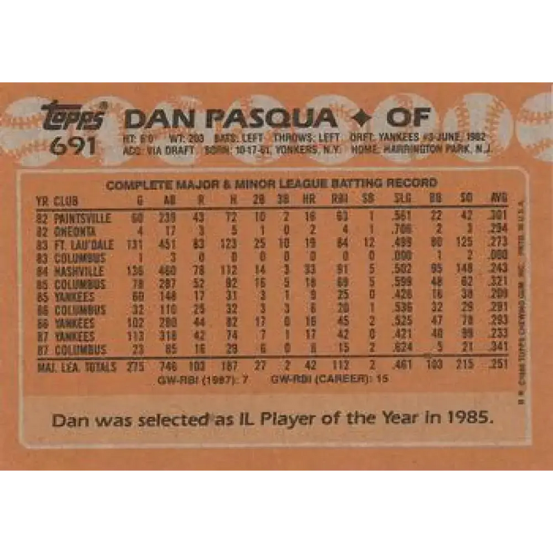1988 Topps #691 Dan Pasqua NM-MT New York Yankees Baseball Card - Baseball Card Single