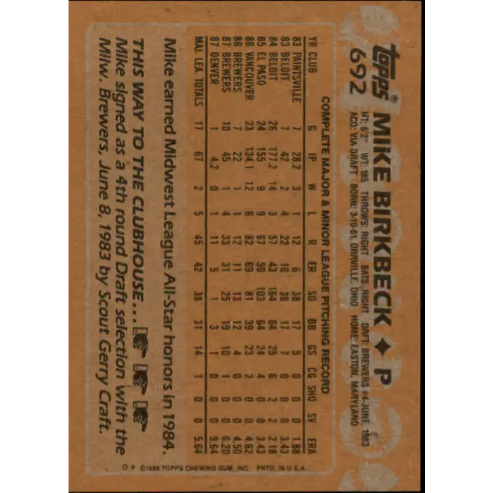 1988 Topps #692 Mike Birkbeck NM-MT Milwaukee Brewers Baseball Card - Baseball Card Single