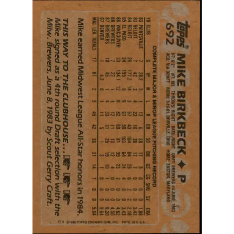 1988 Topps #692 Mike Birkbeck NM-MT Milwaukee Brewers Baseball Card - Baseball Card Single