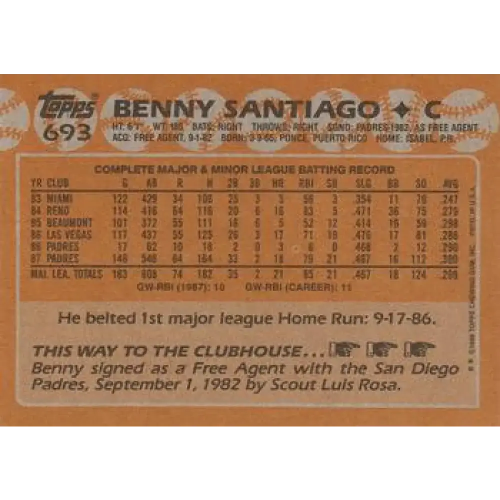 1988 Topps #693 Benito Santiago NM-MT San Diego Padres Baseball Card - Baseball Card Single