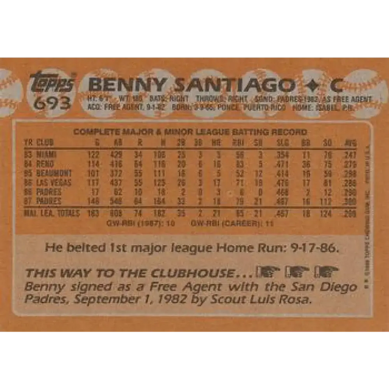 1988 Topps #693 Benito Santiago NM-MT San Diego Padres Baseball Card - Baseball Card Single