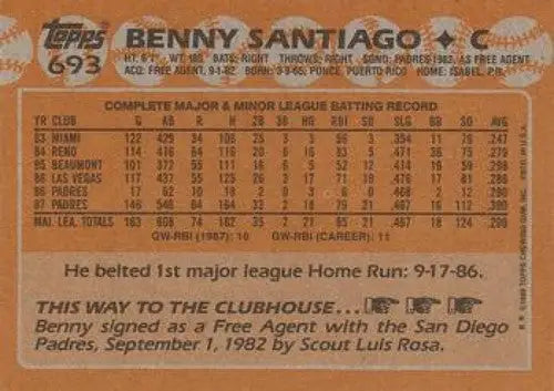 1988 Topps #693 Benito Santiago NM Near Mint Padres ID:82556 - Baseball Card Single
