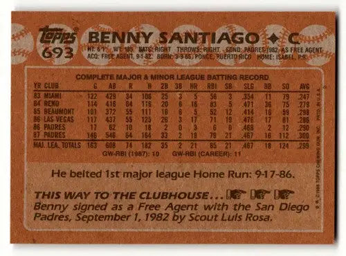 1988 Topps #693 Benny Santiago San Diego Padres Baseball Cards EX/NM ID:59496 - Baseball Card Single