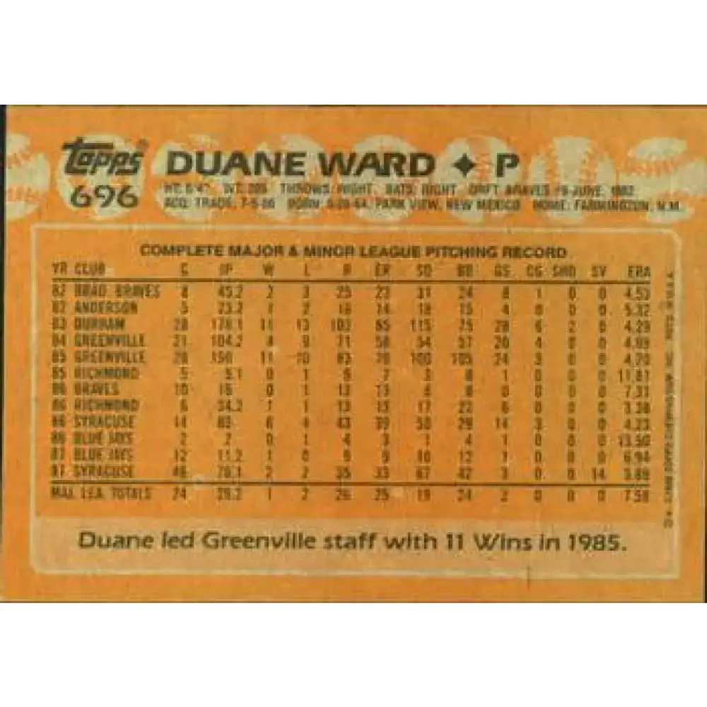 1988 Topps #696 Duane Ward NM-MT Toronto Blue Jays Baseball Card - Baseball Card Single