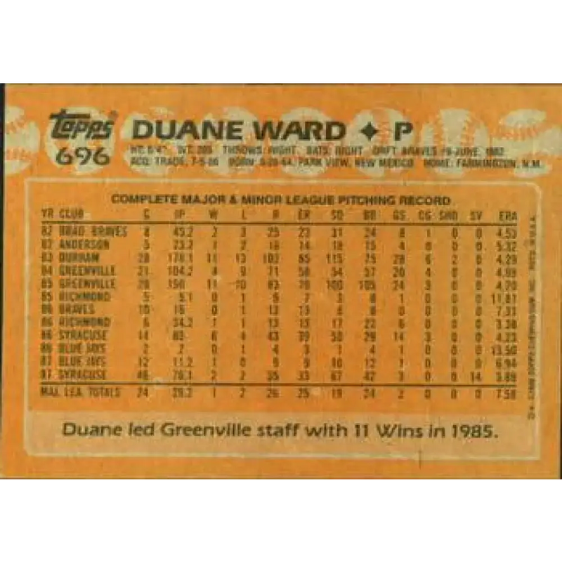 1988 Topps #696 Duane Ward NM-MT Toronto Blue Jays Baseball Card - Baseball Card Single