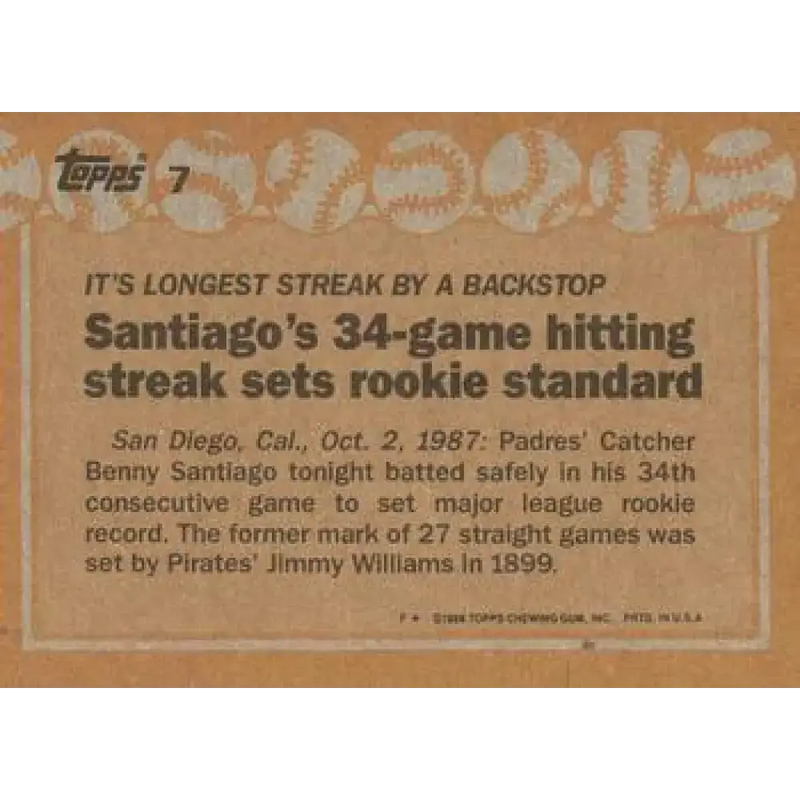 1988 Topps #7 Benito Santiago NM-MT San Diego Padres Baseball Card