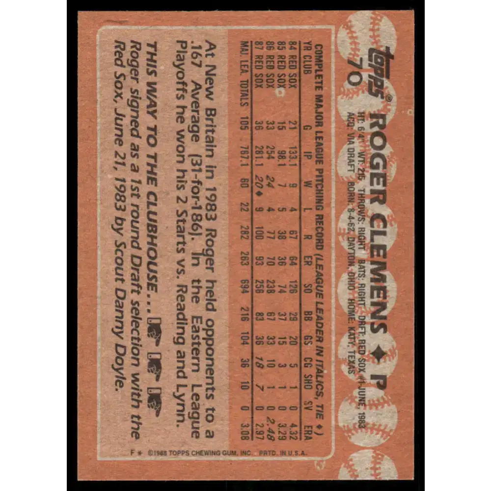 1988 Topps #70 Roger Clemens EX/NM Boston Red Sox Baseball Card - Baseball Card Single