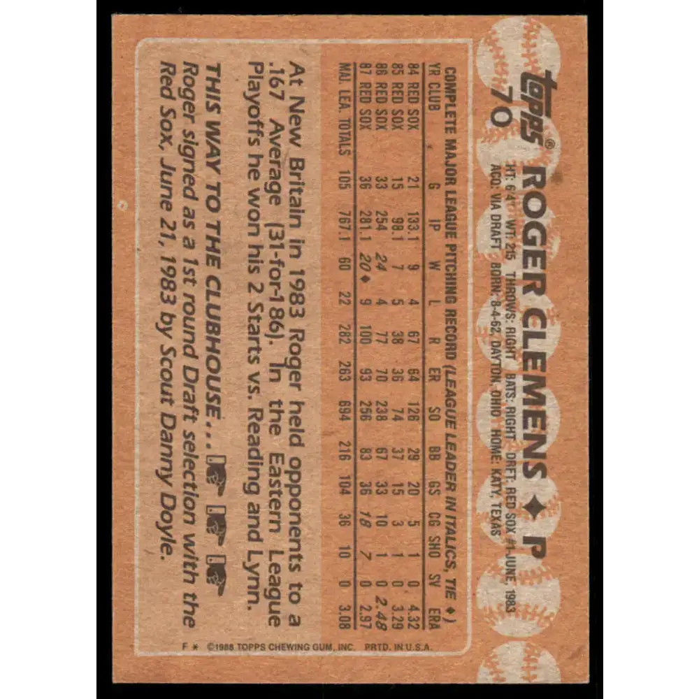 1988 Topps #70 Roger Clemens EX/NM Boston Red Sox Baseball Card - Baseball Card Single