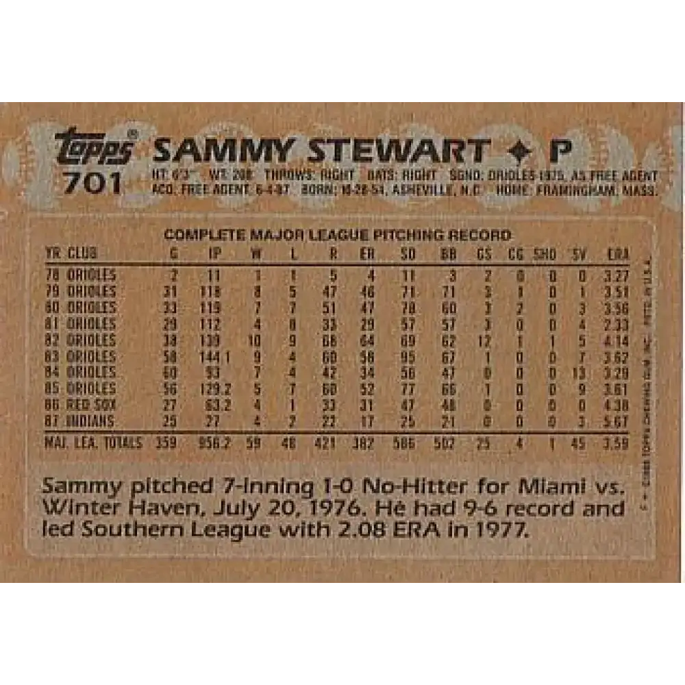 1988 Topps #701 Sammy Stewart NM-MT Cleveland Indians Baseball Card - Baseball Card Single