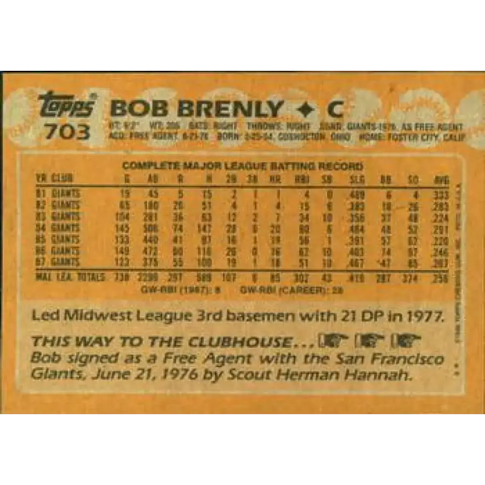 1988 Topps #703 Bob Brenly NM-MT San Francisco Giants Baseball Card - Baseball Card Single