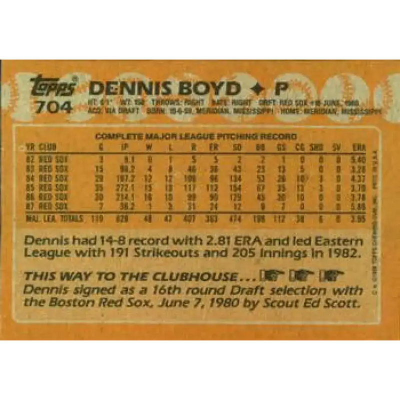 1988 Topps #704 Oil Can Boyd NM-MT Boston Red Sox Baseball Card - Baseball Card Single