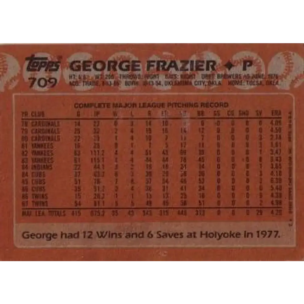 1988 Topps #709 George Frazier NM-MT Minnesota Twins Baseball Card - Baseball Card Single