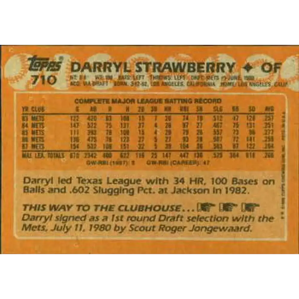 1988 Topps #710 Darryl Strawberry NM-MT New York Mets Baseball Card - Baseball Card Single