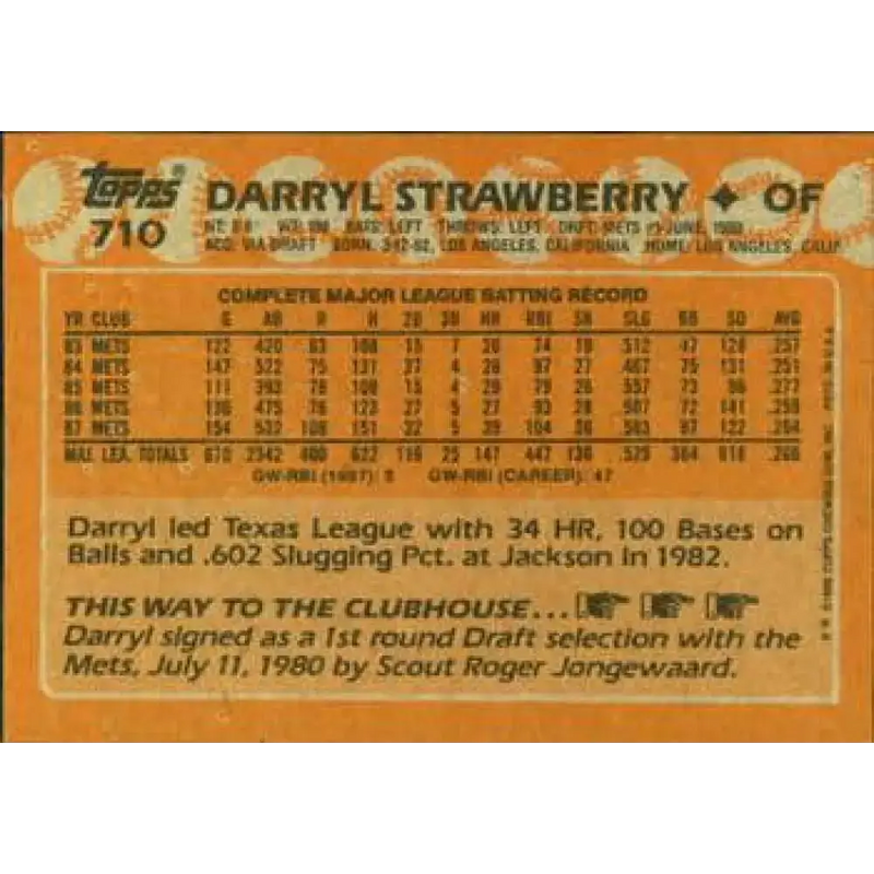1988 Topps #710 Darryl Strawberry NM-MT New York Mets Baseball Card - Baseball Card Single