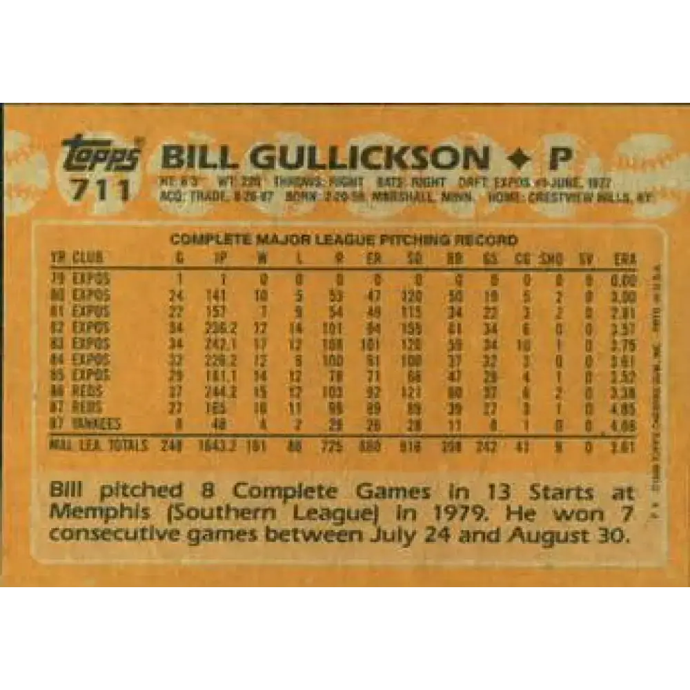 1988 Topps #711 Bill Gullickson NM-MT New York Yankees Baseball Card - Baseball Card Single