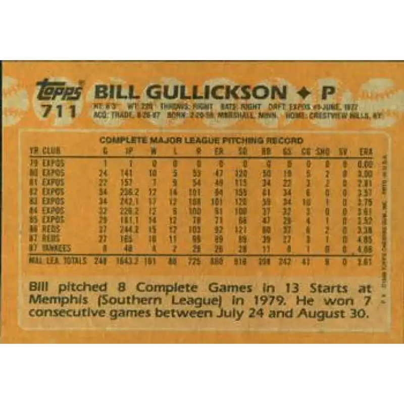 1988 Topps #711 Bill Gullickson NM-MT New York Yankees Baseball Card - Baseball Card Single