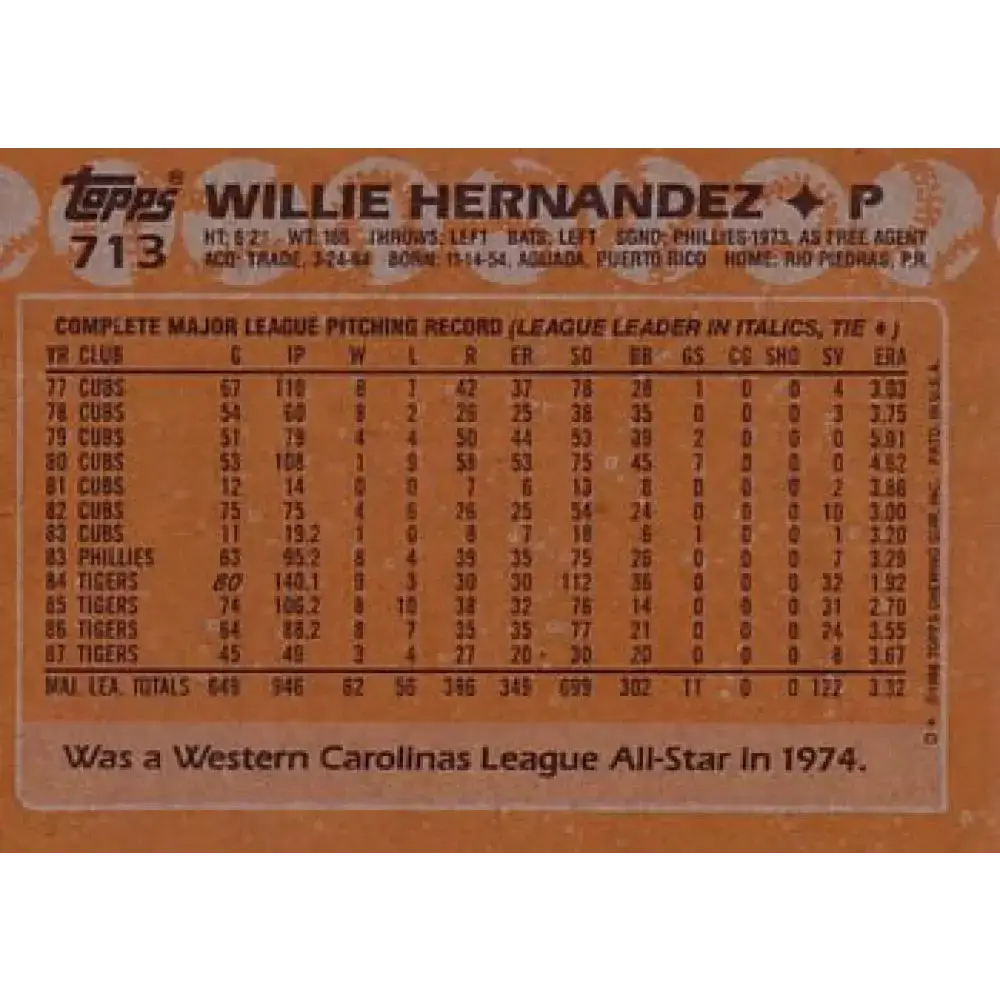 1988 Topps #713 Willie Hernandez NM-MT Detroit Tigers Baseball Card - Baseball Card Single