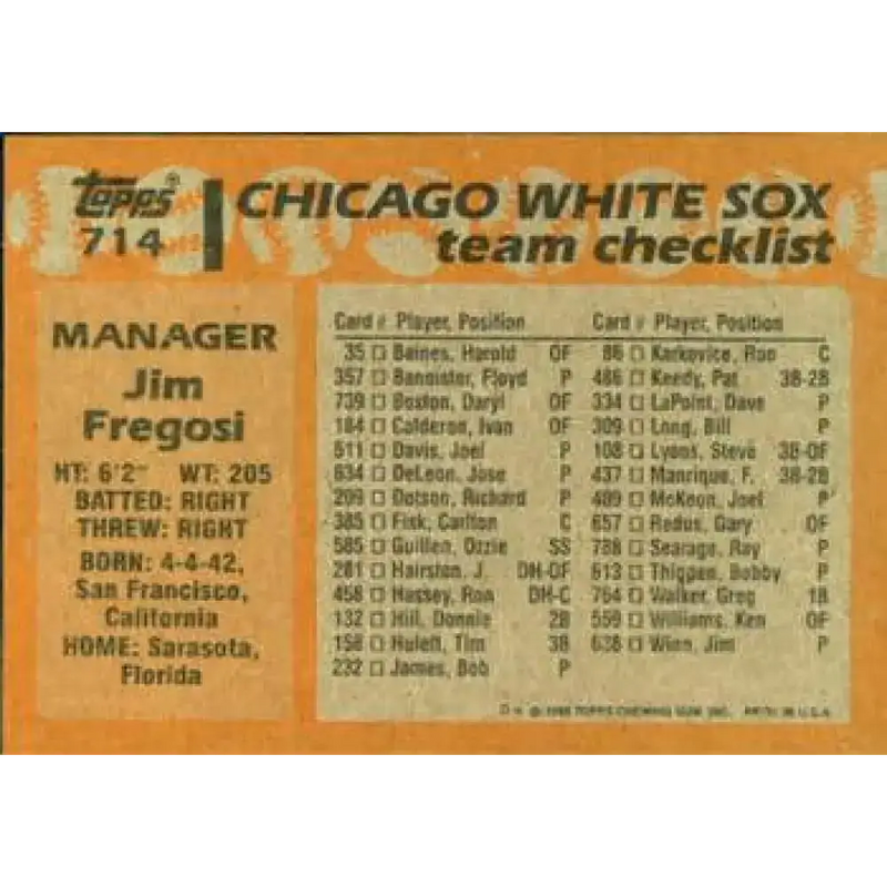 1988 Topps #714 Jim Fregosi NM-MT Chicago White Sox Baseball Card - Baseball Card Single
