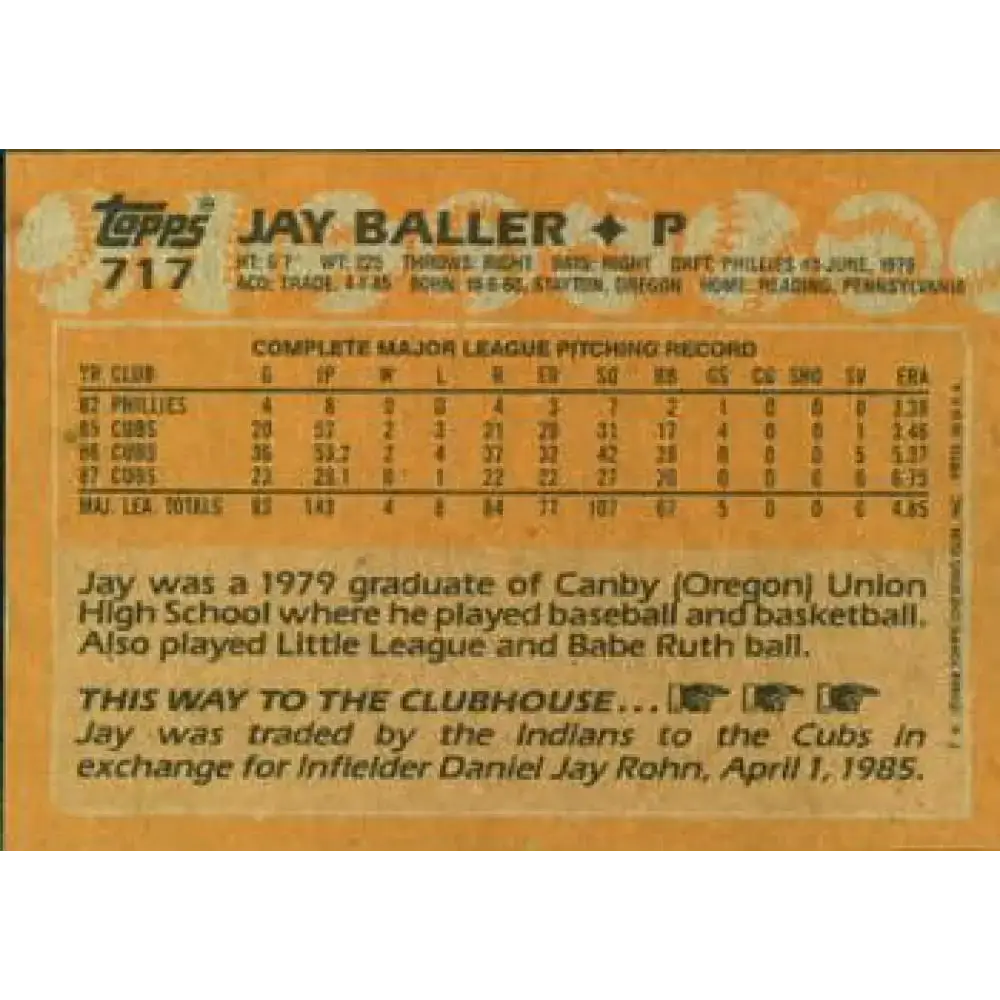 1988 Topps #717 Jay Baller NM-MT Chicago Cubs Baseball Card - Baseball Card Single