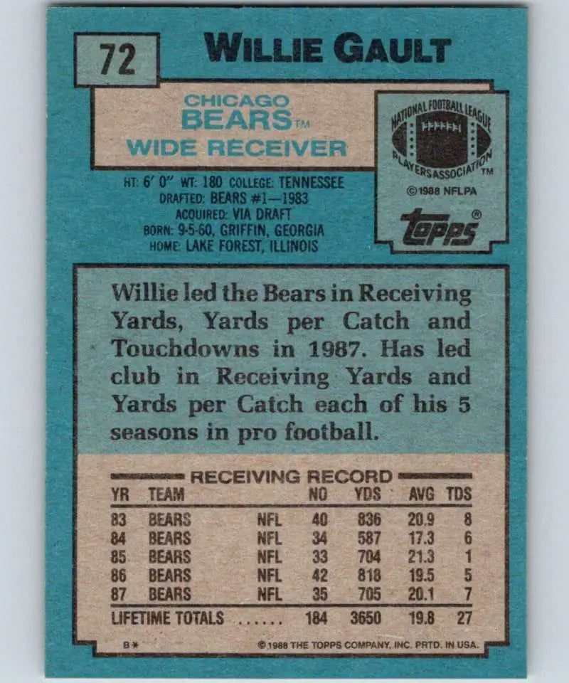1988 Topps #72 Willie Gault EX Excellent Chicago Bears Football Card - Football Card Single