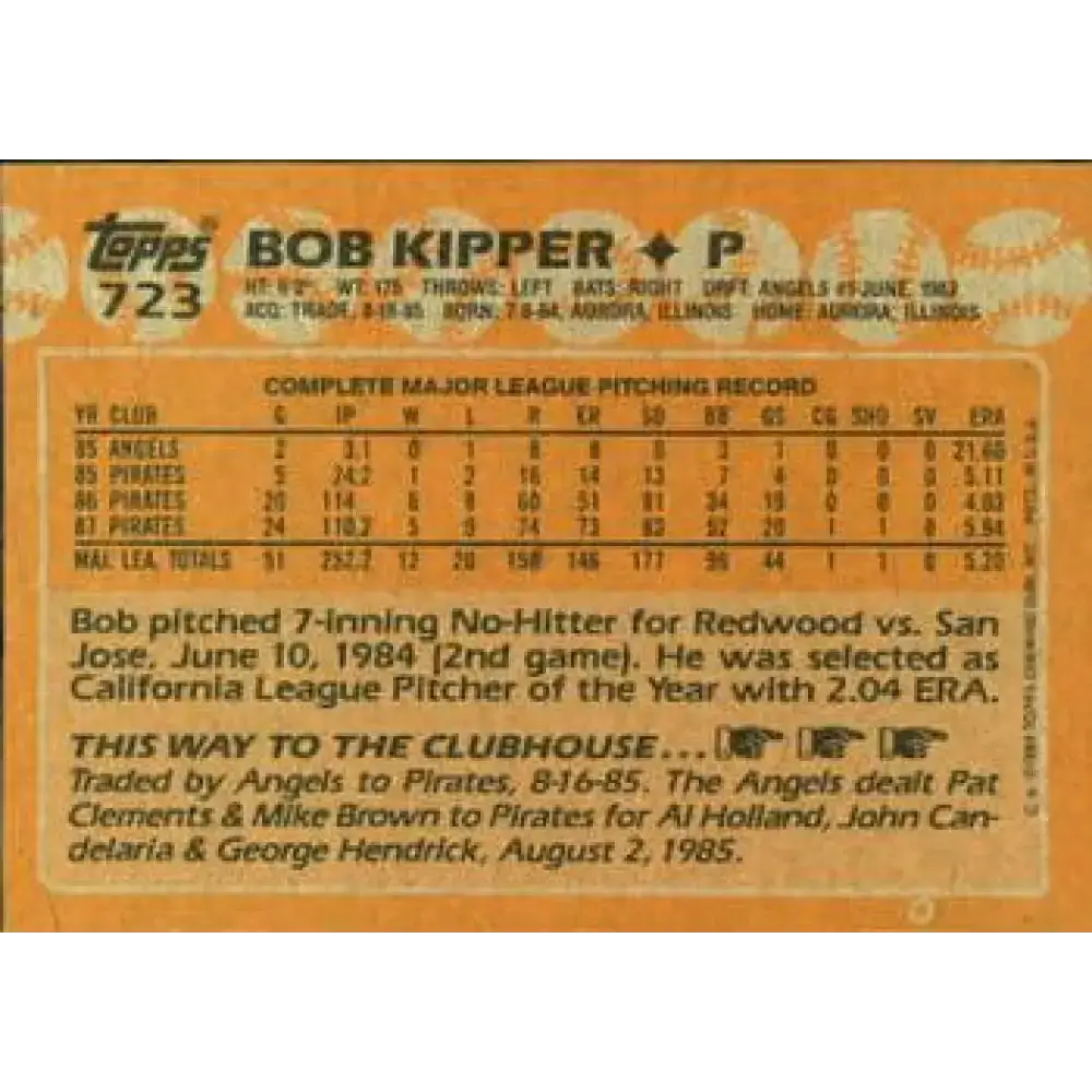 1988 Topps #723 Bob Kipper NM-MT Pittsburgh Pirates Baseball Card - Baseball Card Single