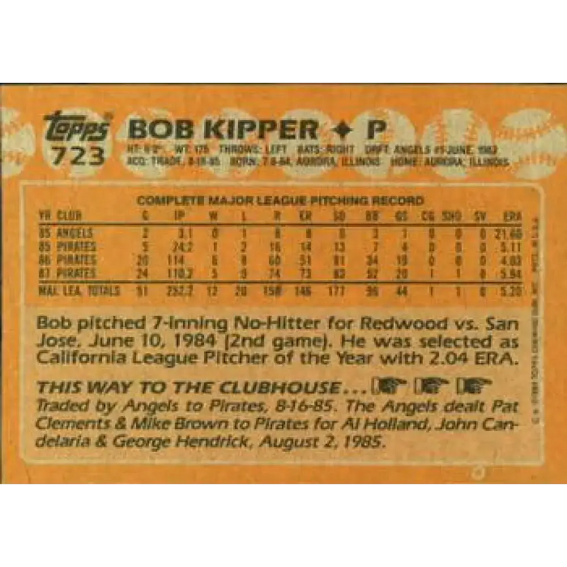 1988 Topps #723 Bob Kipper NM-MT Pittsburgh Pirates Baseball Card - Baseball Card Single