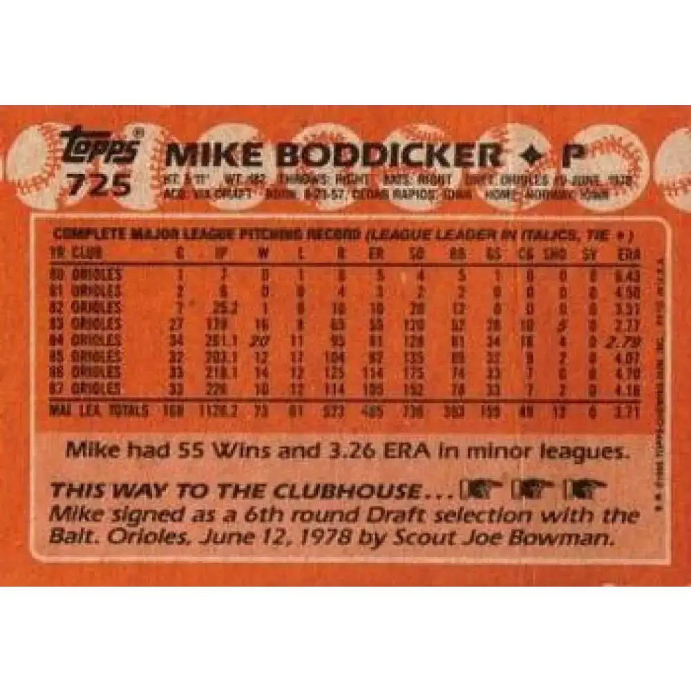 1988 Topps #725 Mike Boddicker NM-MT Baltimore Orioles Baseball Card - Baseball Card Single