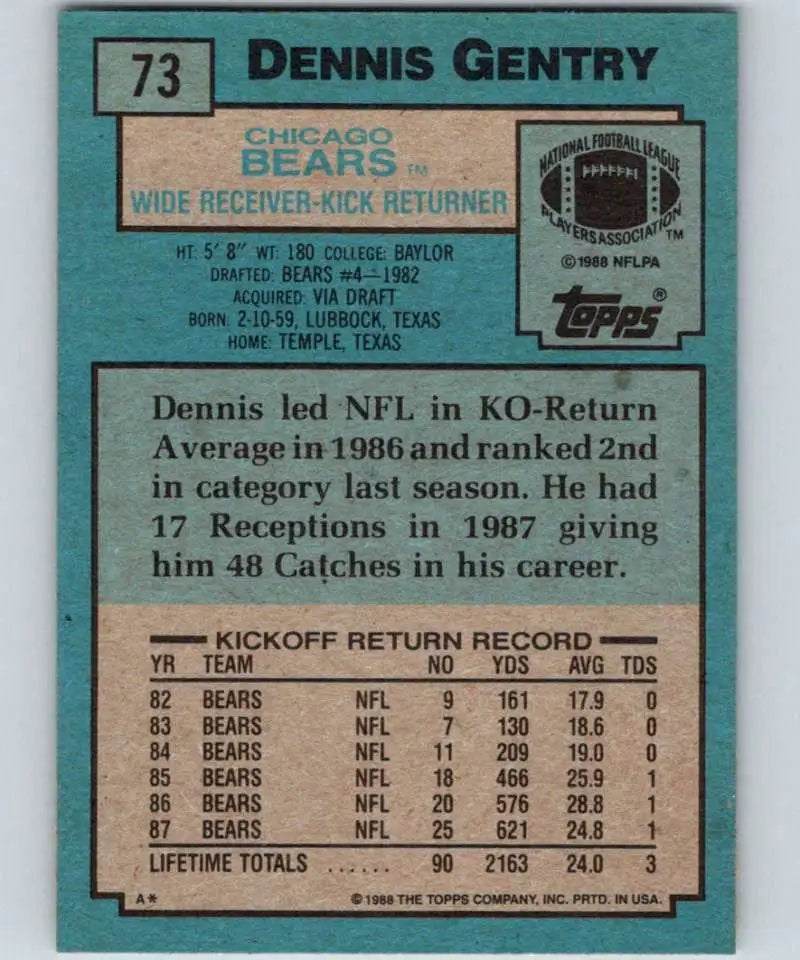 1988 Topps #73 Dennis Gentry EX Excellent Chicago Bears Football Card - Football Card Single