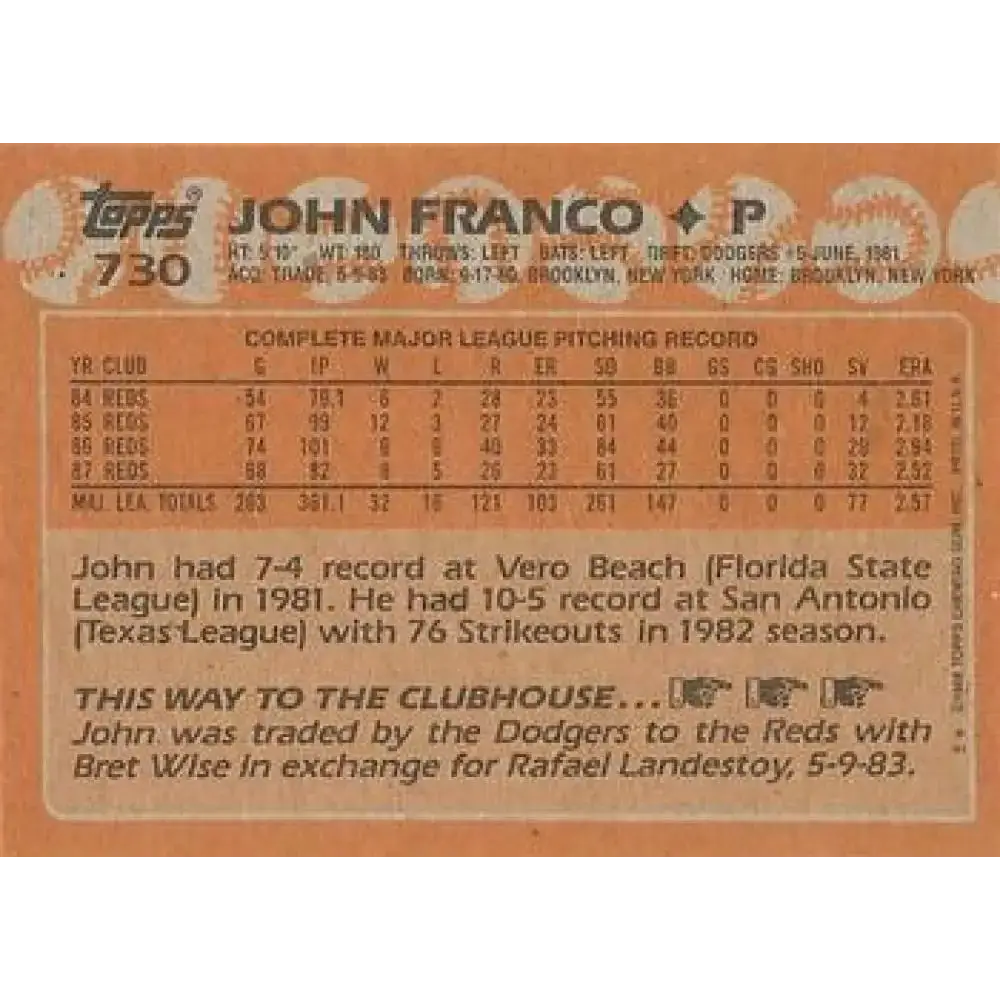1988 Topps #730 John Franco NM-MT Cincinnati Reds Baseball Card - Baseball Card Single