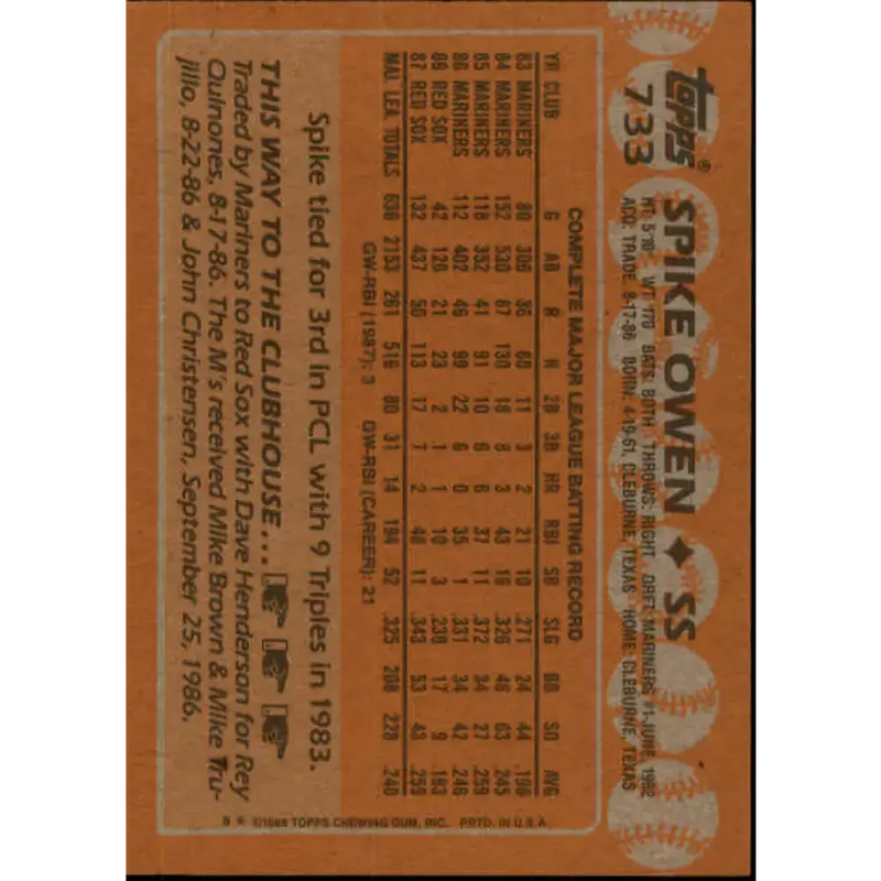 1988 Topps #733 Spike Owen NM-MT Boston Red Sox Baseball Card - Baseball Card Single