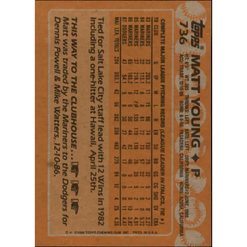 1988 Topps #736 Matt Young NM-MT Los Angeles Dodgers Baseball Card - Baseball Card Single