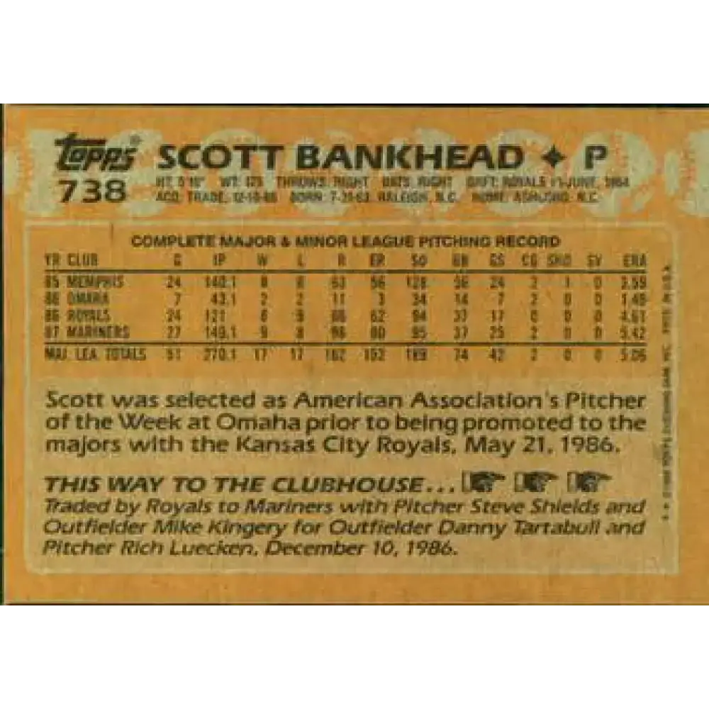 1988 Topps #738 Scott Bankhead NM-MT Seattle Mariners Baseball Card - Baseball Card Single